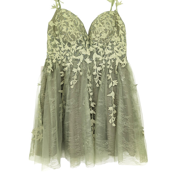 Sage Green Coquette Forest Fairy Lace Tulle Sheer Embellished Corset Dress 18 - Picture 4 of 15